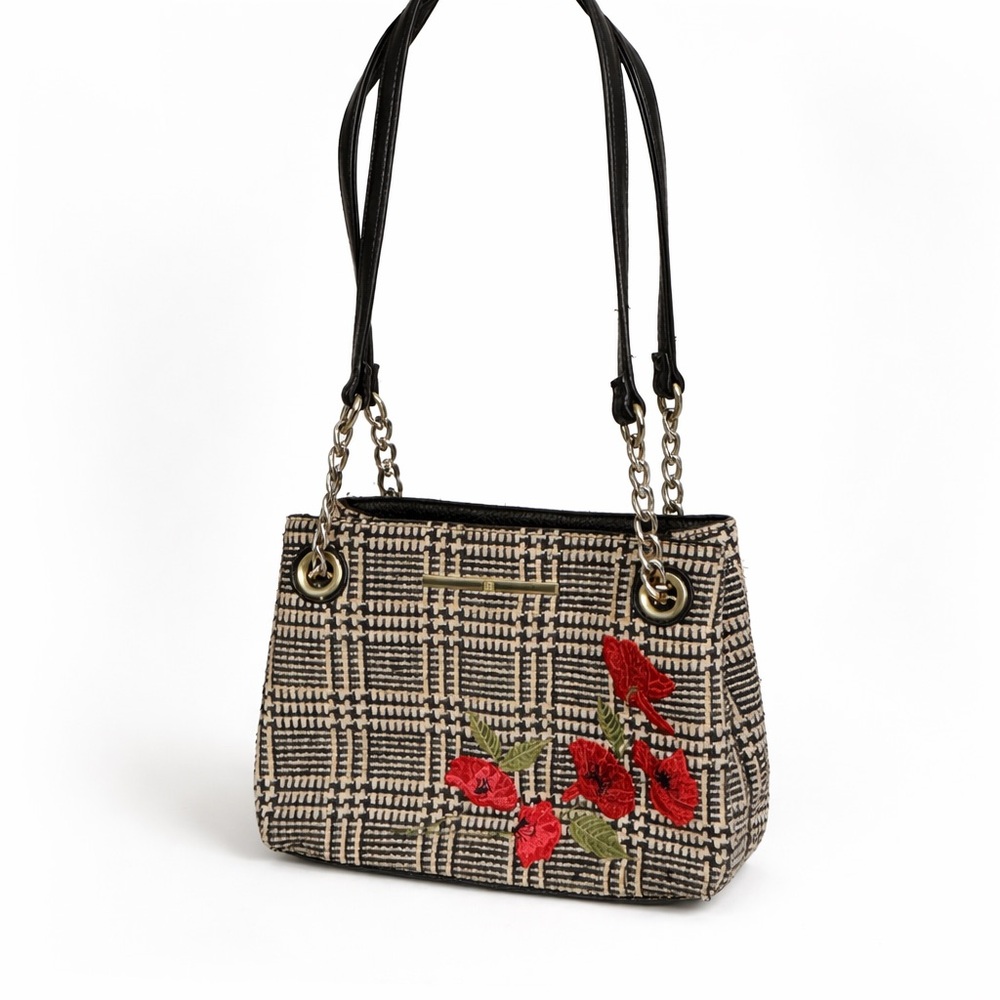 Liz Claiborne Willow Black/White Plaid Rose Embroidered Purse Bag